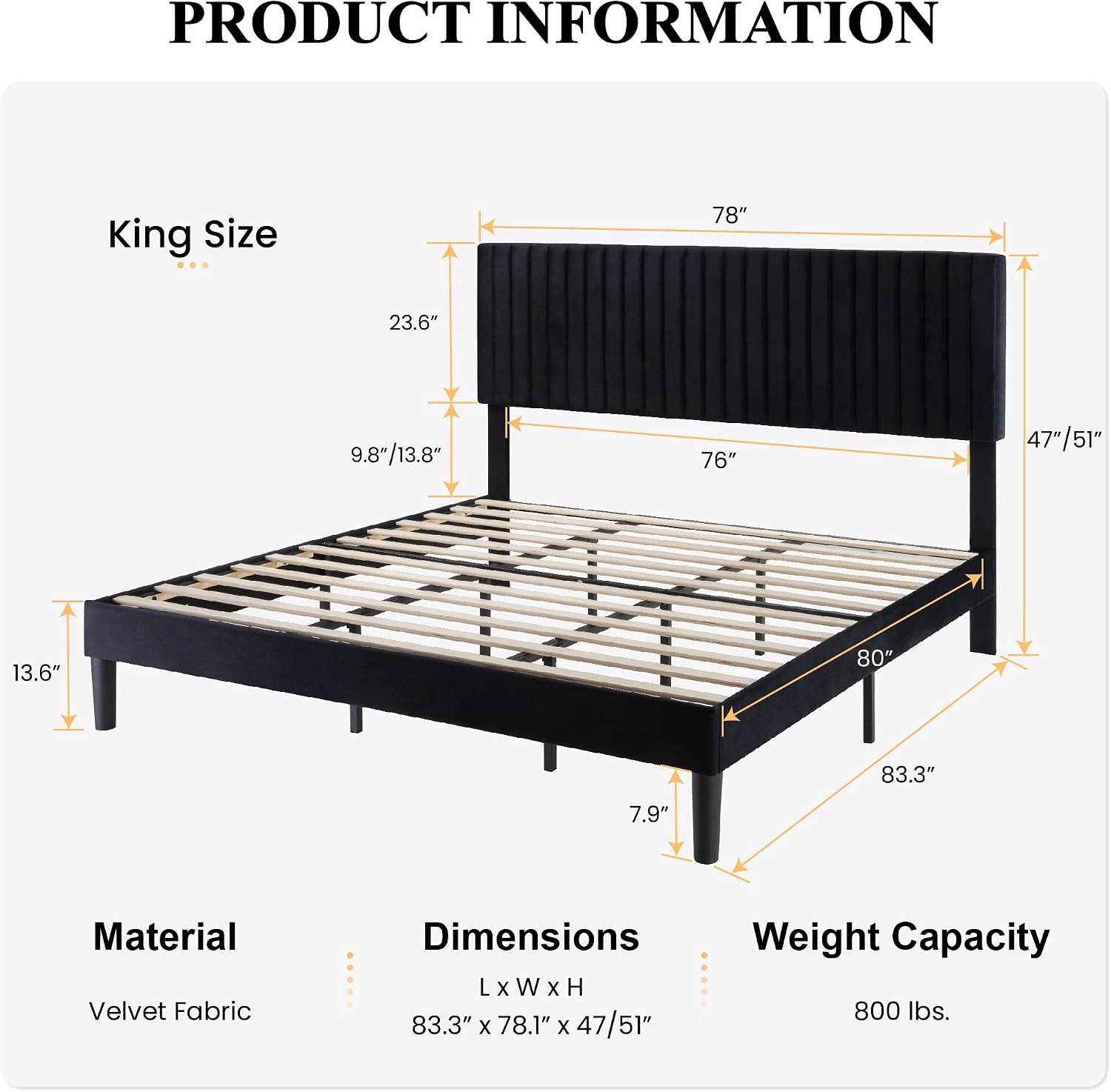 SHA CERLIN King Upholstered Platform Bed Frame with Adjustable Headboard/Vertical Channel Tufted Velvet Fabric/Wooden Slats Support/Mattress Foundation/Box Spring Optional/Black