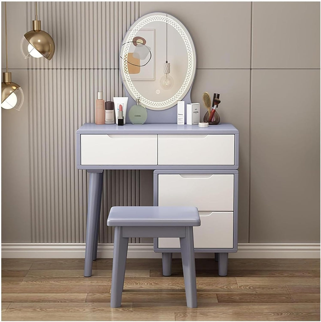 Rieort Vanity Desk MDF Vanity Benches with Adjustable Lights Mirror Makeup Table 4 Drawers Vanity Table Set Luxury Dressing Table