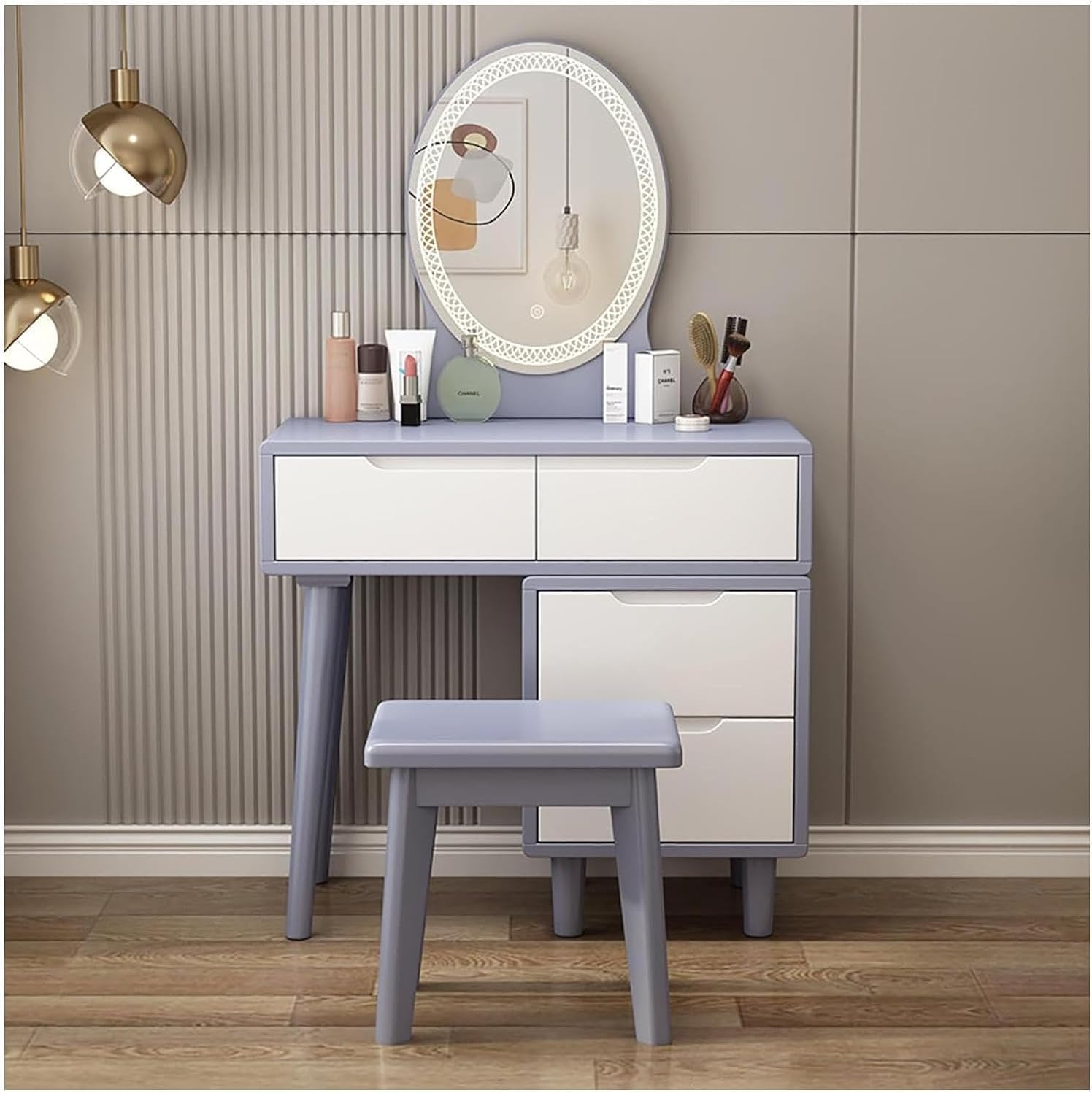 Rieort Vanity Desk MDF Vanity Benches with Adjustable Lights Mirror Makeup Table 4 Drawers Vanity Table Set Luxury Dressing Table