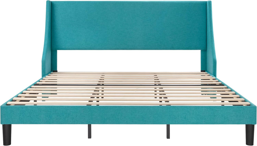 SHA CERLIN Upholstered Bed Frame King Size with Streamlined Wingback Headboard, Breathable Linen Fabric, Solid Wooden Slats, Easy Assembly, Blue