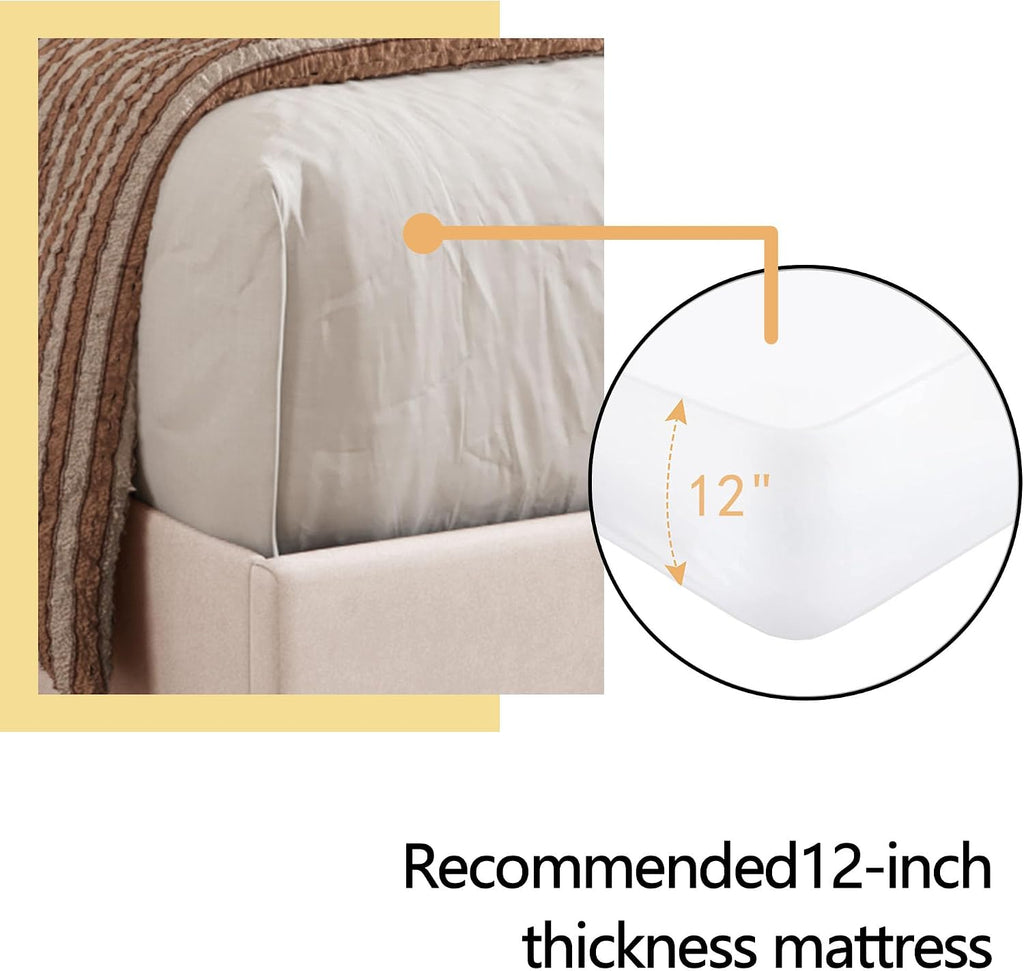 alazyhome Queen Size Beige Modern Upholstered Platform Bed Frame with Button Tufting Headboard Solid Wood Slats Support No Box Spring Needed Easy Assembly