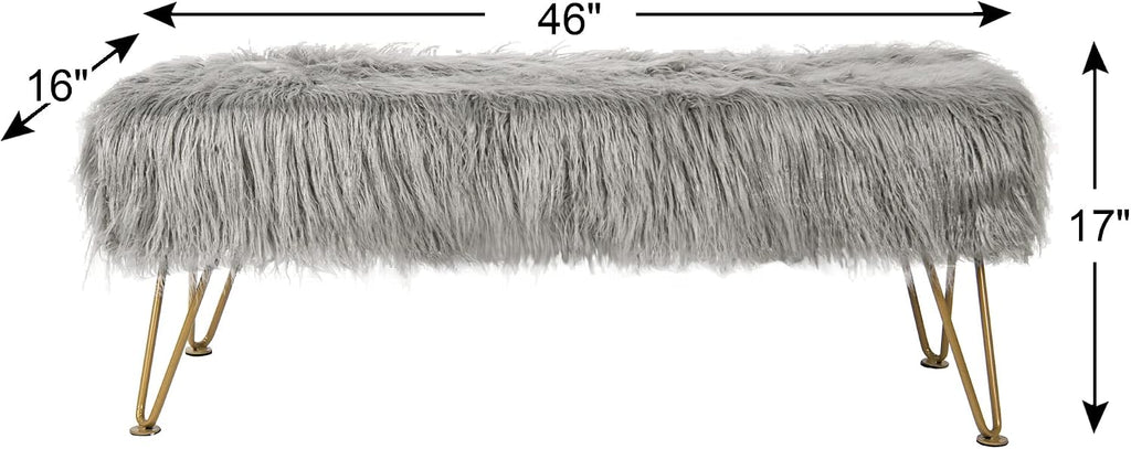 Gray Soft Plush Faux Fur Ottoman Entryway Bench Furry Footrest Stool 46'x16'x17' Sturdy Accent Long Bench for Bedroom End of Bed Closet Vanity Fuzzy Coffee Table Living Room Ottoman Gold Legs