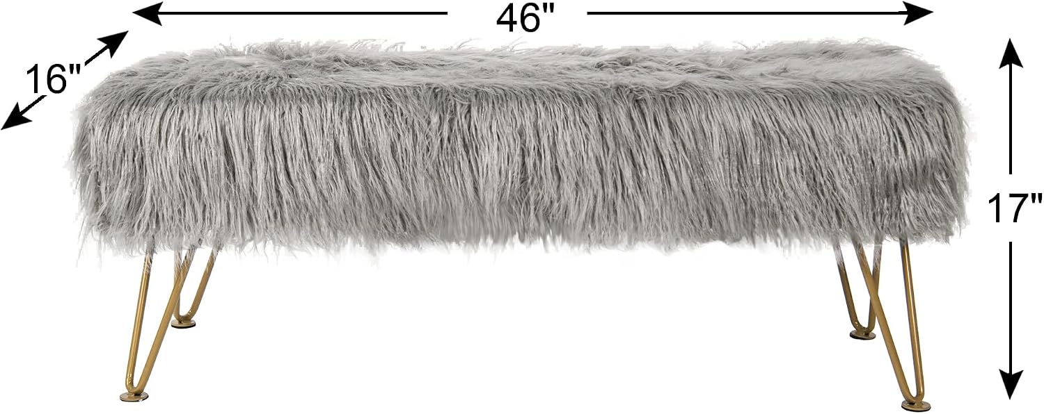 Gray Soft Plush Faux Fur Ottoman Entryway Bench Furry Footrest Stool 46'x16'x17' Sturdy Accent Long Bench for Bedroom End of Bed Closet Vanity Fuzzy Coffee Table Living Room Ottoman Gold Legs