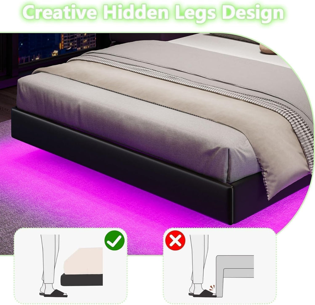 IMMERSTABLE Full Size Floating Bed Frame with LED Lights, Upholstered Platform Bed with Headboard, 11 in Storage Clearance, Solid Wood Slats, No Box Spring Needed, Easy Assembly, Black