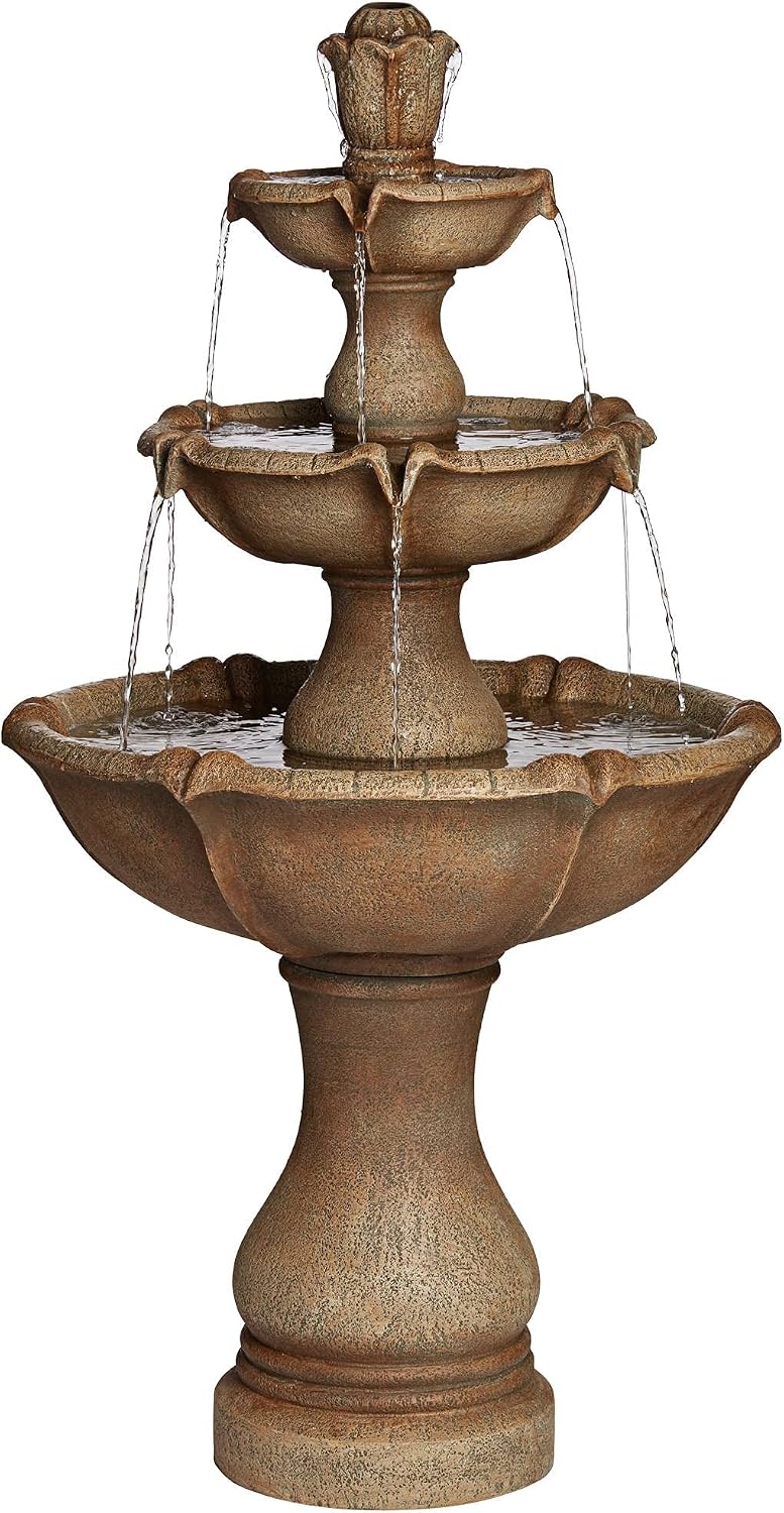 Arosco Modern Rustic Outdoor Floor Water Fountain with Light LED 43' High 3-Tiered Resin for Garden Patio Yard Deck Home Lawn Porch House Relaxation Exterior - John Timberland