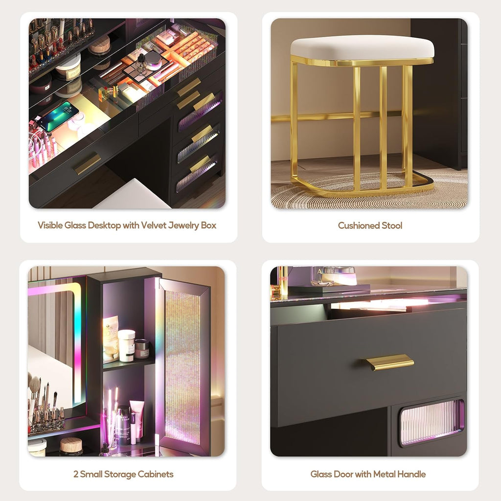 RGB Vanity Desk with Mirror and Lights, Glass Top Makeup Vanity with 6 Drawers & Wireless Charging,Vanity Table Set with RGB Cabinet Light and Jewelry Box, for Girls Bedroom,Black