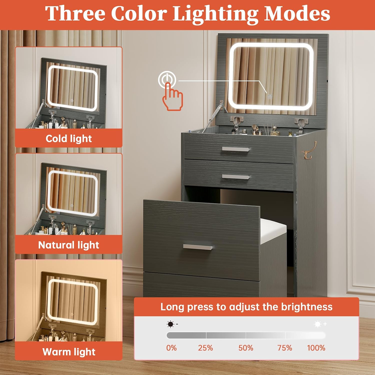 Compact Vanity with 3 Drawers, 3 in 1 Vanity Desk, Makeup Desk with Flip-up 3 Colors Lighting Mirror and Cushioned Stool, Small Vanities Nightstand Perfect for Bedroom, Gray