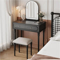 Rieort Vanity Desk Solid Wood Makeup Vanity Set with Led Mirror Vanity Benches Cushion Makeup Chair Home Nightstand Dressing Table
