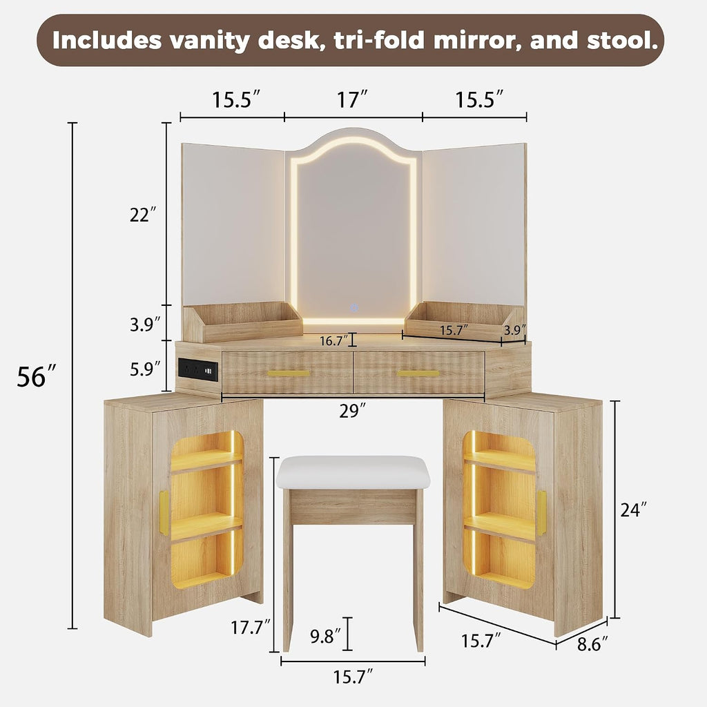 Hexagonal Corner Vanity Desk with Lighted Arched Mirror, Oak Makeup Table Set with Charging Station, 2 Fluted Drawers, Cabinets & Stool, Flat Wall or Corner Placement (Natural Wood)