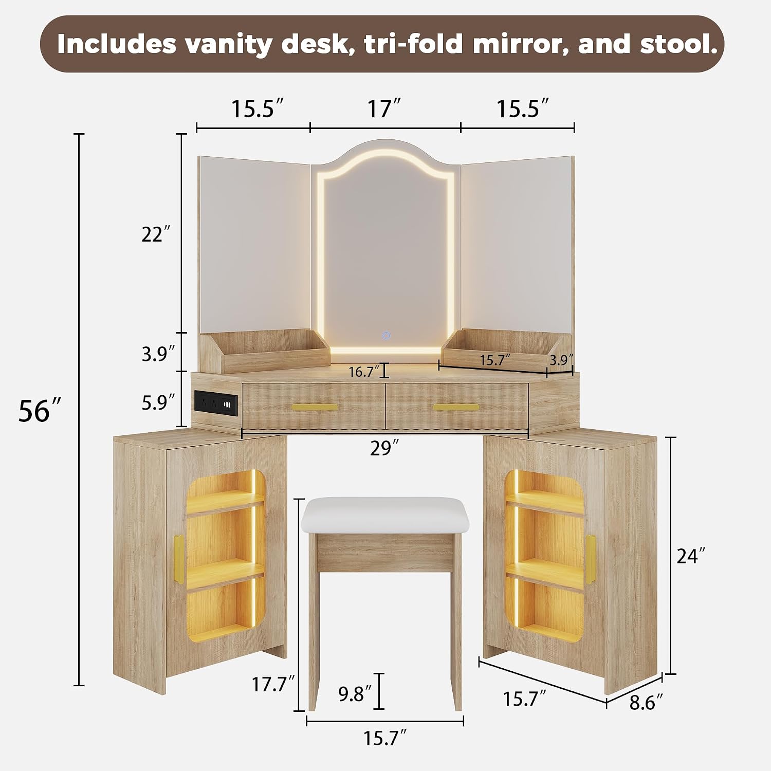 Hexagonal Corner Vanity Desk with Lighted Arched Mirror, Oak Makeup Table Set with Charging Station, 2 Fluted Drawers, Cabinets & Stool, Flat Wall or Corner Placement (Natural Wood)