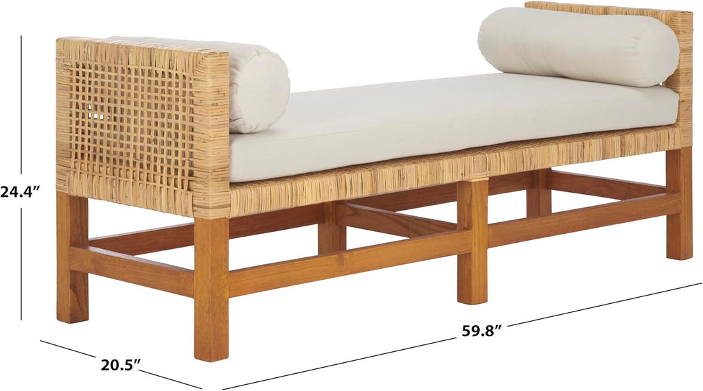 SAFAVIEH Couture Collection - Chrysene Natural Solid Teak Wood Bench, Coastal Modern Style with Cushions, Fully Assembled (CWK3018A)