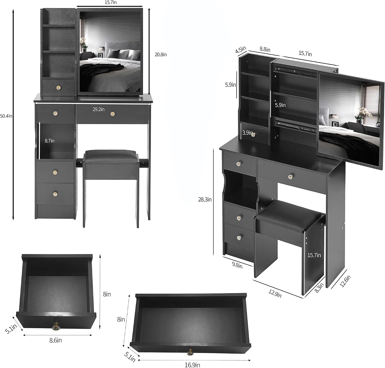 29.2' Small Vanity Desk with Mirror, Makeup Table with Sliding Mirror, Dressing Table with Multi Layer Capacity Storage, Vanity Set with 5 Drawers and Stool for Small Space Bedroom, Black