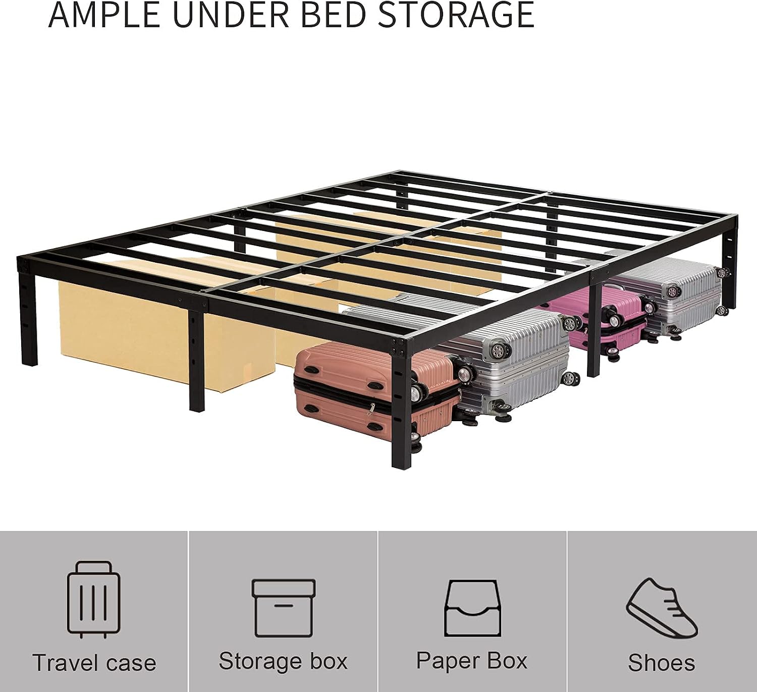 Wulanos Full Size Bed Frame, Heavy Duty Metal Frames with Steel Slats Support, No Box Spring Needed, 14 Inch High Metal Platform Bed Frames with Storage, Non-Slip and Noise-Free