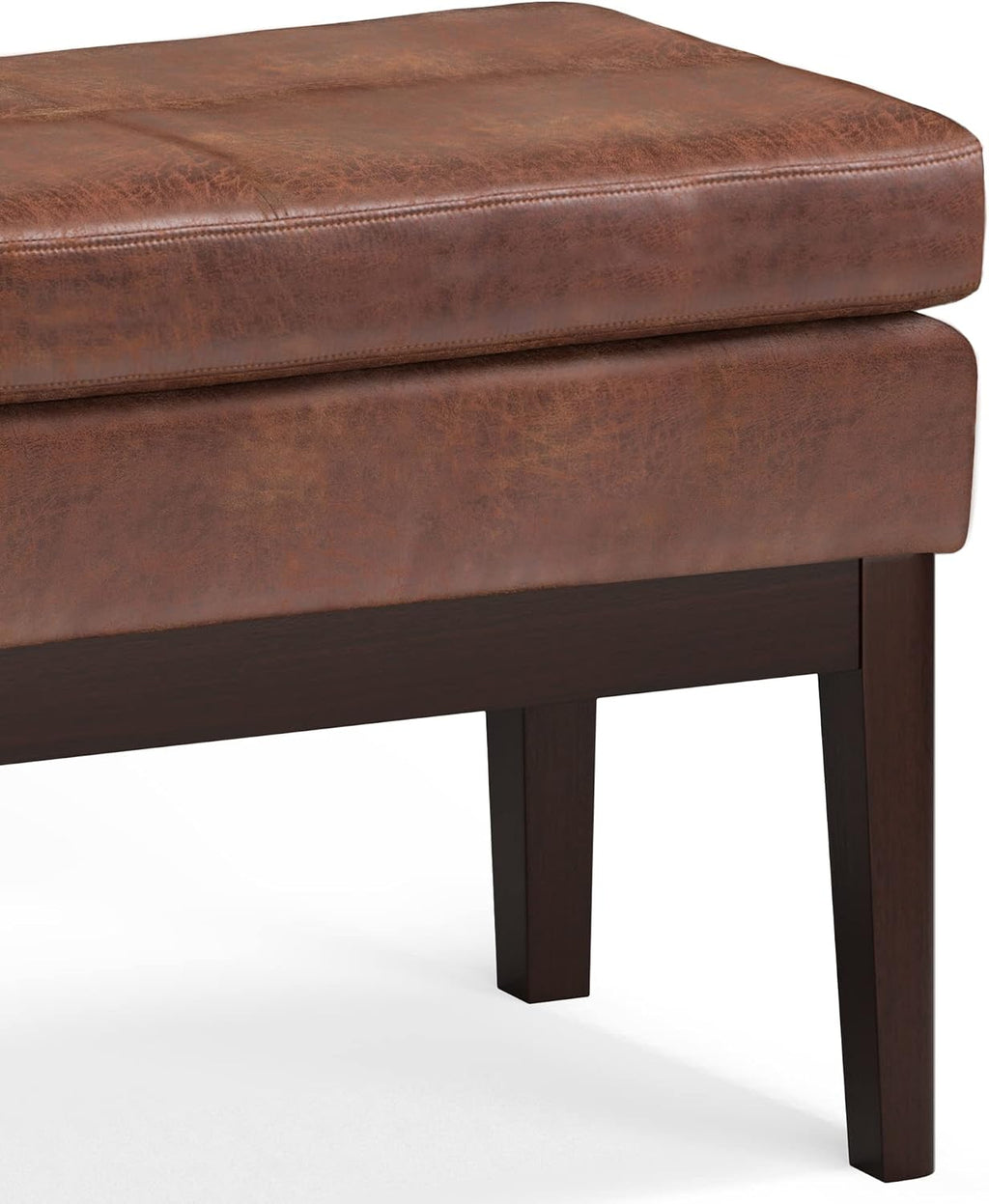 SIMPLIHOME Carlson Small Ottoman Bench - 27 inch Wide Upholstered Woven Fabric Rectangle Ottoman in Distressed Saddle Brown, Mid Century Modern Bench for Bedroom or Living Room with Padded Seat