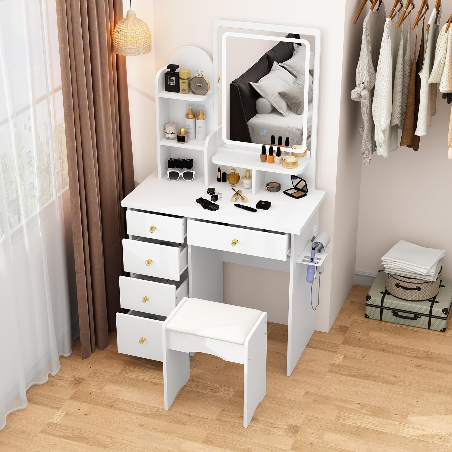 ECACAD Makeup Vanity Desk with LED Lighted Mirror, Power Outlet & Hair Dryer Holder, Makeup Table with Chair, Lots Storage, 3 Lighting Modes Brightness Adjustable, White