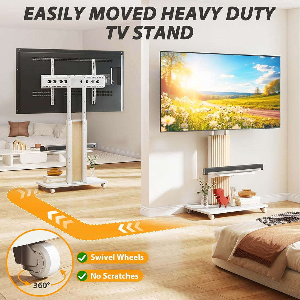 TVON Heavy Duty Rolling TV Stand for 55-90 inch Large TVs up to 150 lbs, Mobile TV Cart with Height Adjustable Mount and Large Storage Shelf, Tall TV Stand with Wooden Base, White and Oak