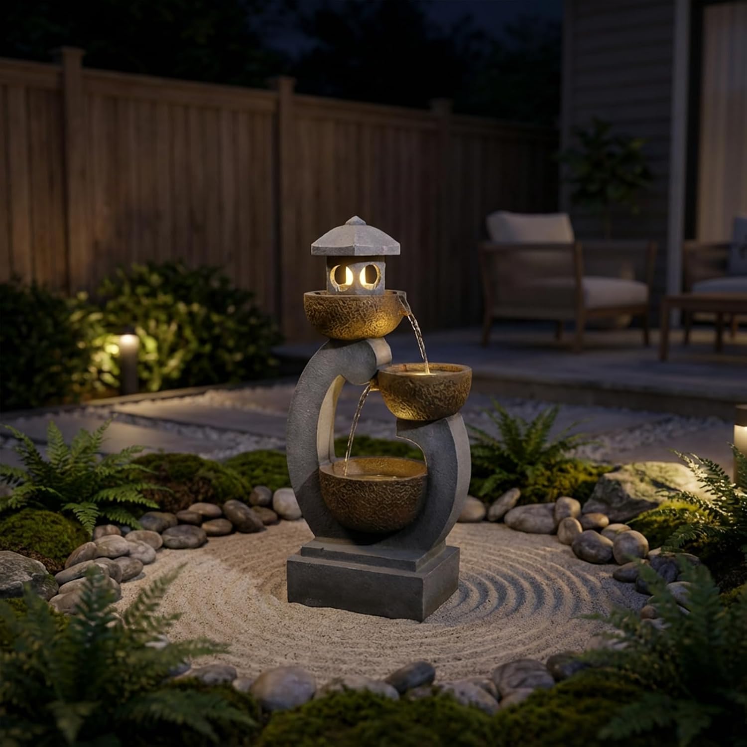 Bumilgar 35.24'H Zen Outdoor Water Fountain Garden, Japanese Lantern Multi-Tier Waterfall Fountain Water Feature with Lights for Patio, Garden & Porch