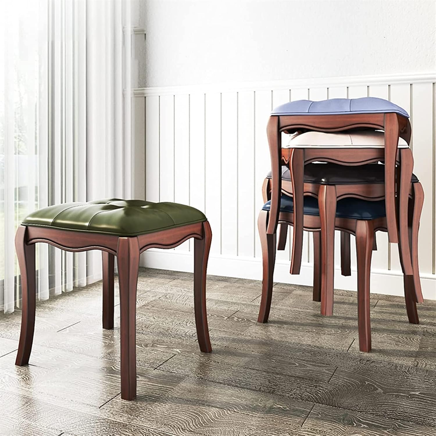 Vanity Bench with Padded Cushion, Vanity Chair Wooden Dressing Stool Piano Stool Guzheng Stool Simple Dining Stool Rubber Wood Frame(Brown)