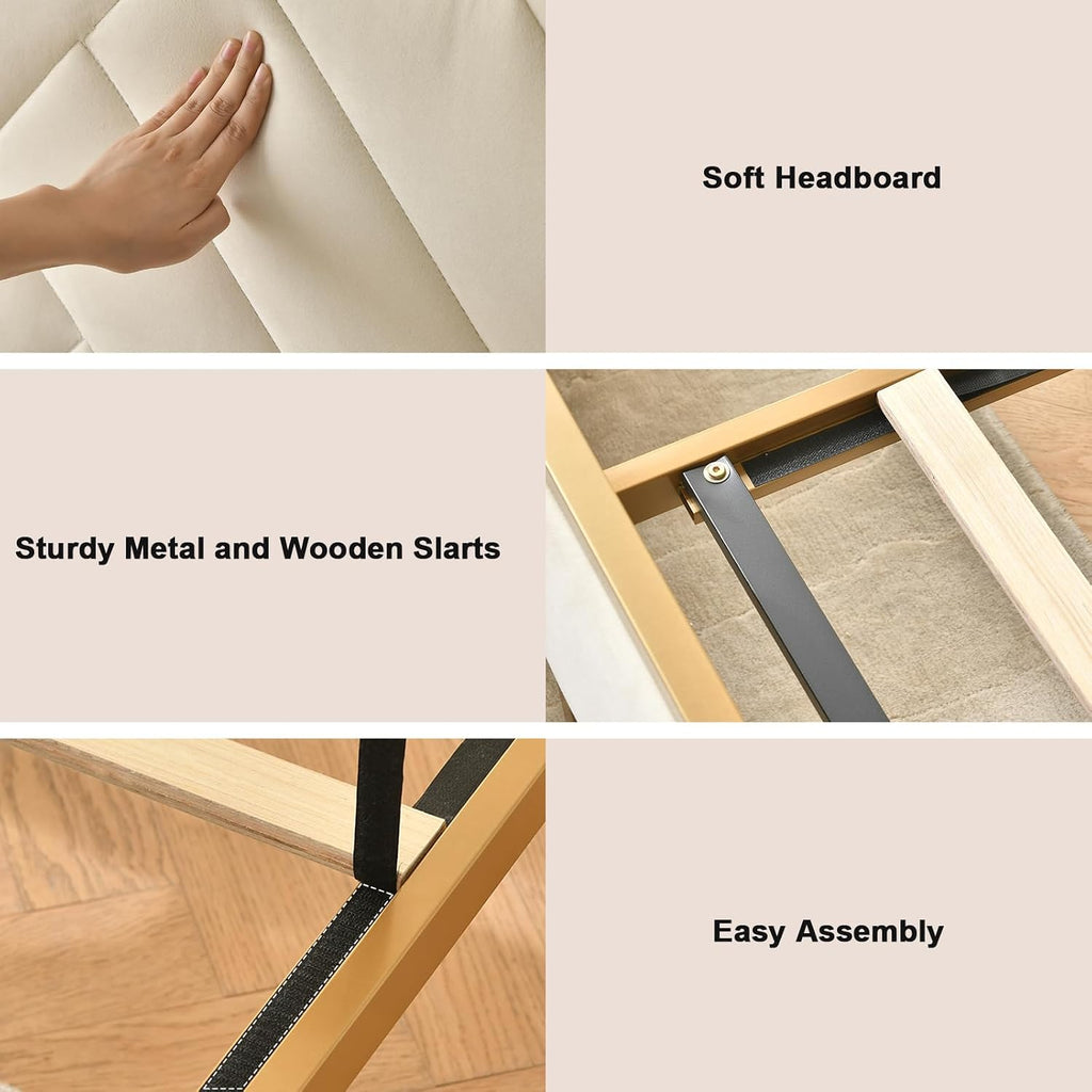 VELOCAVA Full Metal Upholstered Bed with Geometric Headboard, Velvet Platform Bed with 10'' Under Bed Storage Supported by Metal Base and Wooden Slats, No Box Spring Needed, Gold&Cream