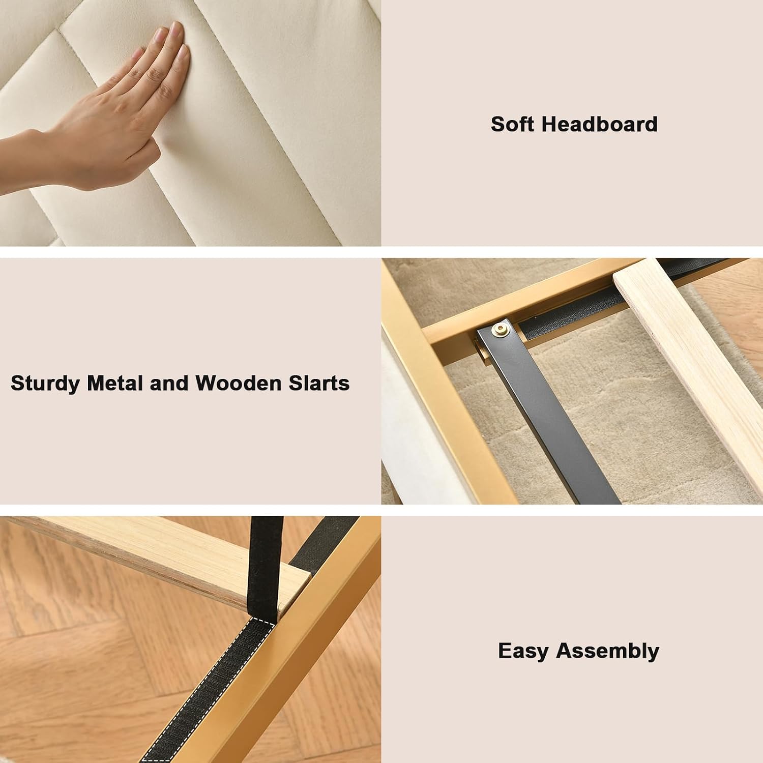 VELOCAVA Full Metal Upholstered Bed with Geometric Headboard, Velvet Platform Bed with 10'' Under Bed Storage Supported by Metal Base and Wooden Slats, No Box Spring Needed, Gold&Cream