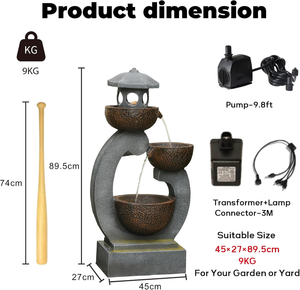 Bumilgar 35.24'H Zen Outdoor Water Fountain Garden, Japanese Lantern Multi-Tier Waterfall Fountain Water Feature with Lights for Patio, Garden & Porch