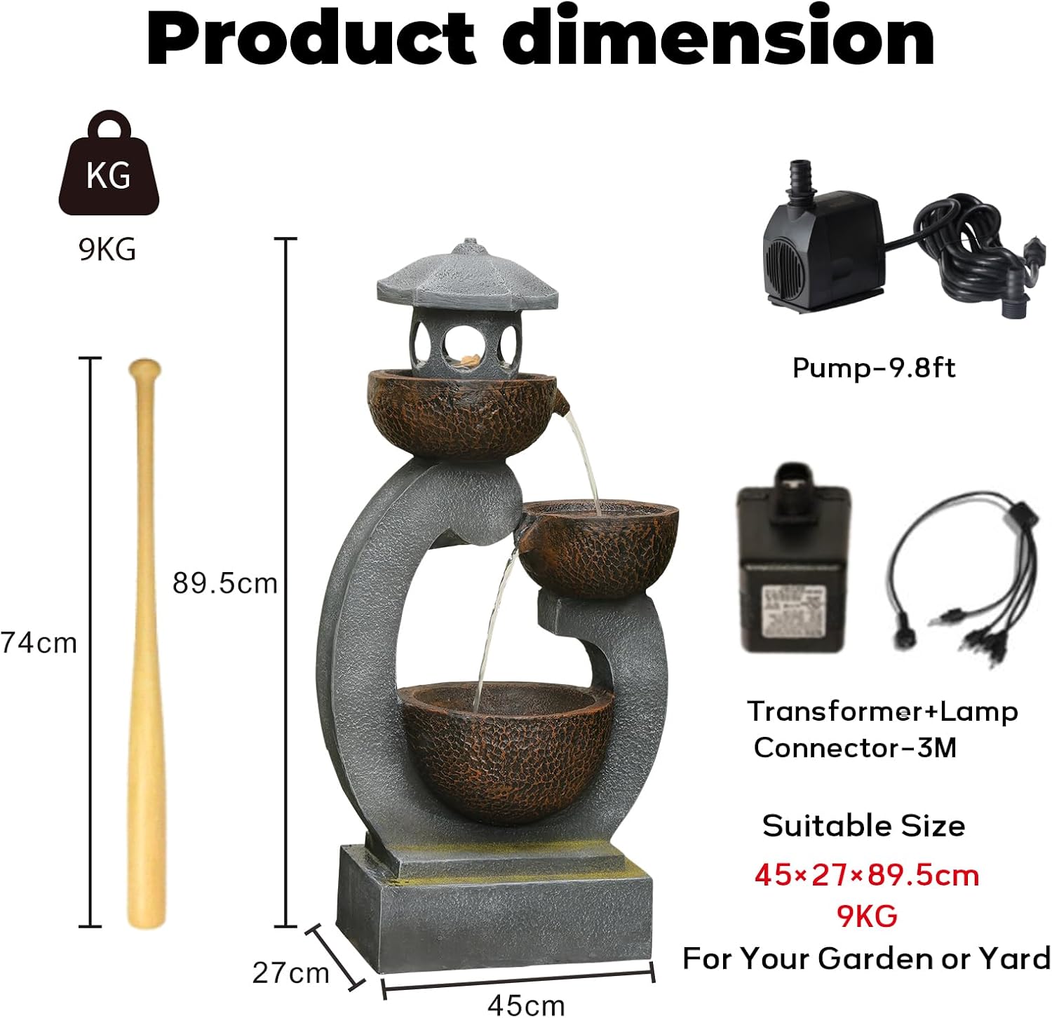 Bumilgar 35.24'H Zen Outdoor Water Fountain Garden, Japanese Lantern Multi-Tier Waterfall Fountain Water Feature with Lights for Patio, Garden & Porch