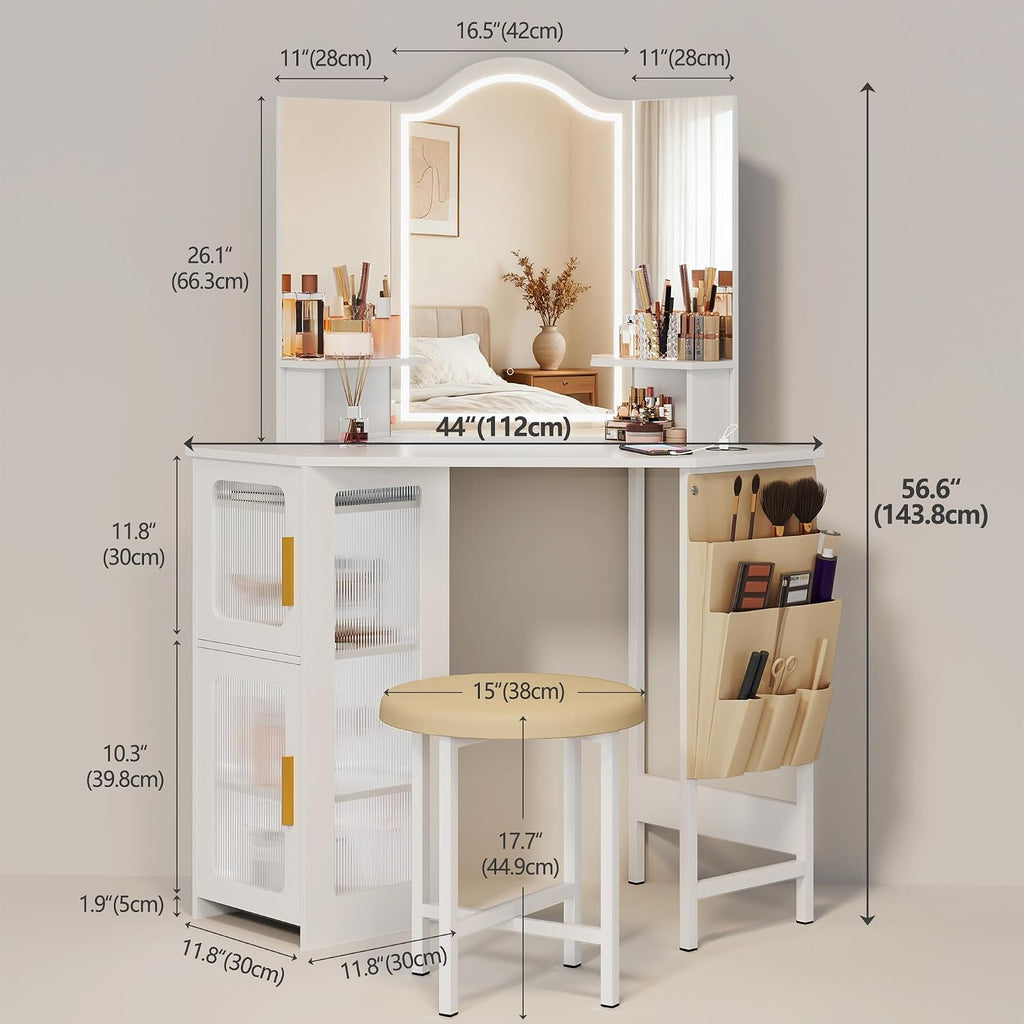 LVSOMT Corner Makeup Vanity Desk with Mirror and Lights, 44' Dressing Table with Charging Station, Makeup Table with Stool, Storage Cabinet and Adjustable Shelf, Bedroom Vanity for Girls Women, White