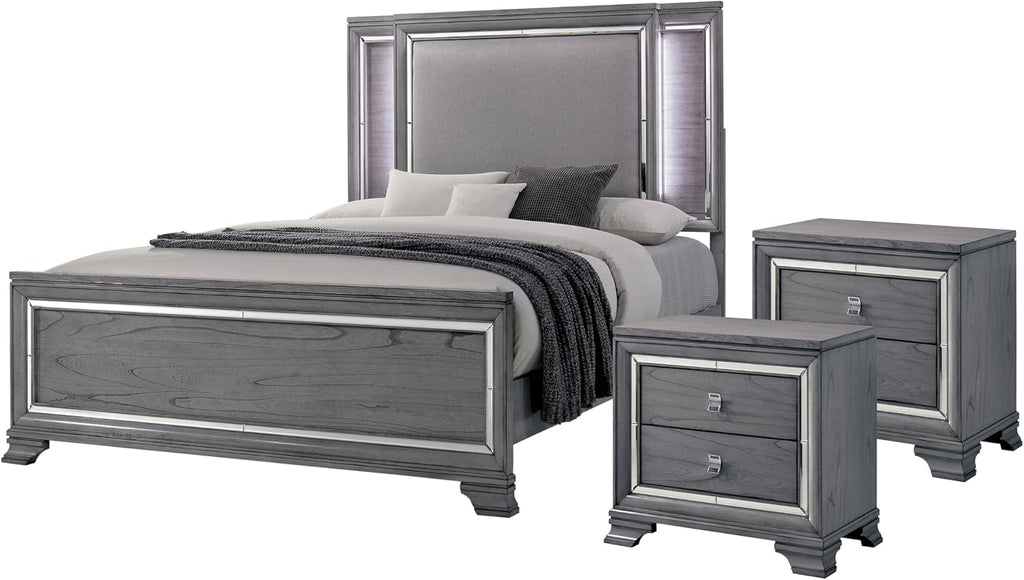 Furniture of America Zenka Wood Frame 3-Piece Bedroom Set, Queen-Size Bed Padded Headboard and 2-Drawer Nightstand, Felt-Lined Top Storage, Box Spring Required, Light Gray