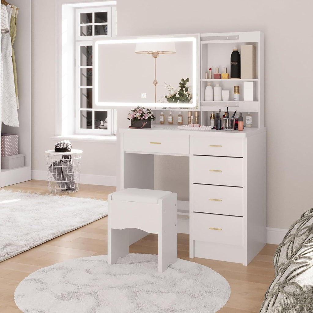 Vanity Desk with Mirror and Lights, 31.5' Makeup Vanity with Sliding Mirror and 3 Light Modes, Modern Vanity Table with 5 Drawers, Hidden and Open Storage Shelves, Makeup Desk for Bedroom, White