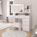 Vanity Desk with Mirror and Lights, 31.5' Makeup Vanity with Sliding Mirror and 3 Light Modes, Modern Vanity Table with 5 Drawers, Hidden and Open Storage Shelves, Makeup Desk for Bedroom, White