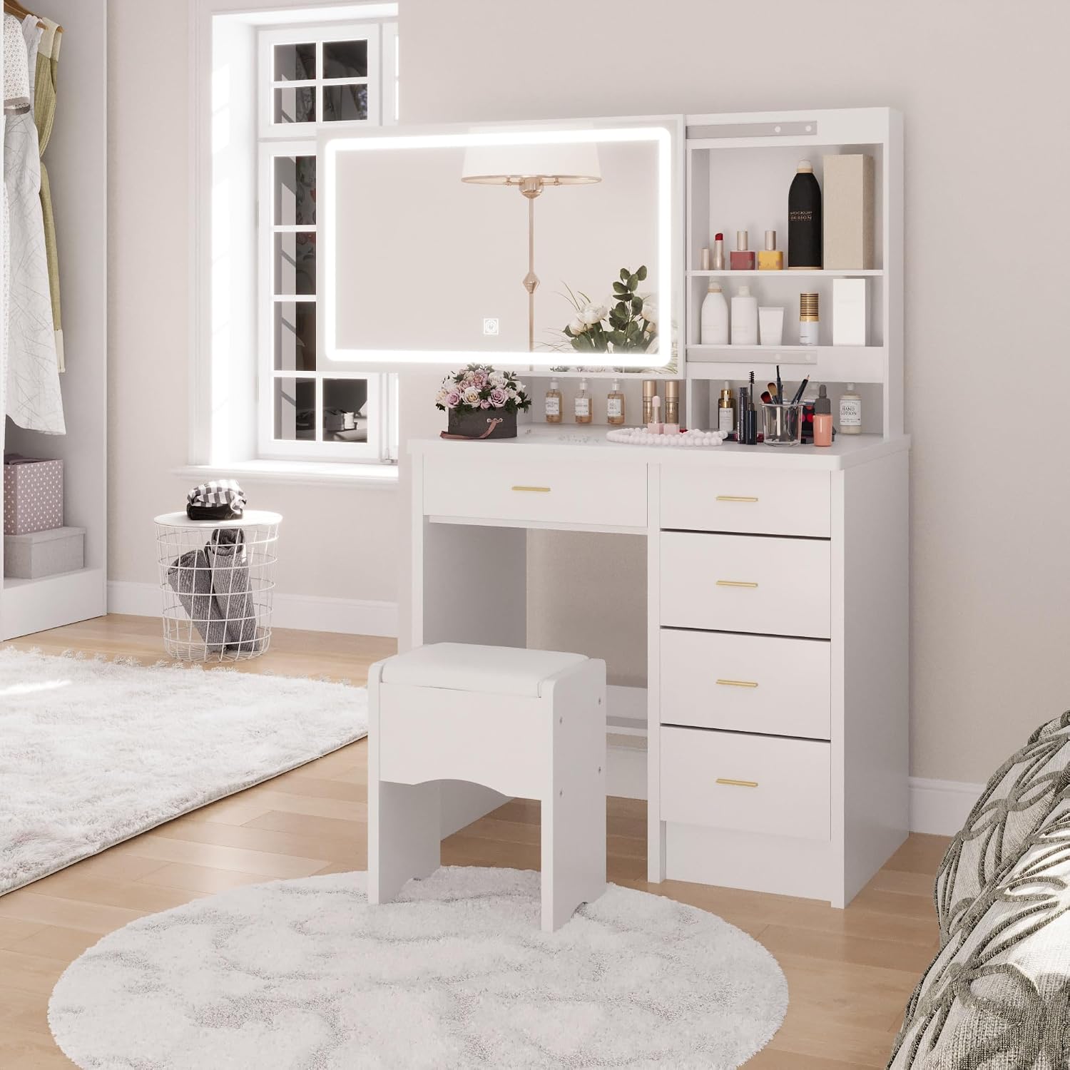Vanity Desk with Mirror and Lights, 31.5' Makeup Vanity with Sliding Mirror and 3 Light Modes, Modern Vanity Table with 5 Drawers, Hidden and Open Storage Shelves, Makeup Desk for Bedroom, White