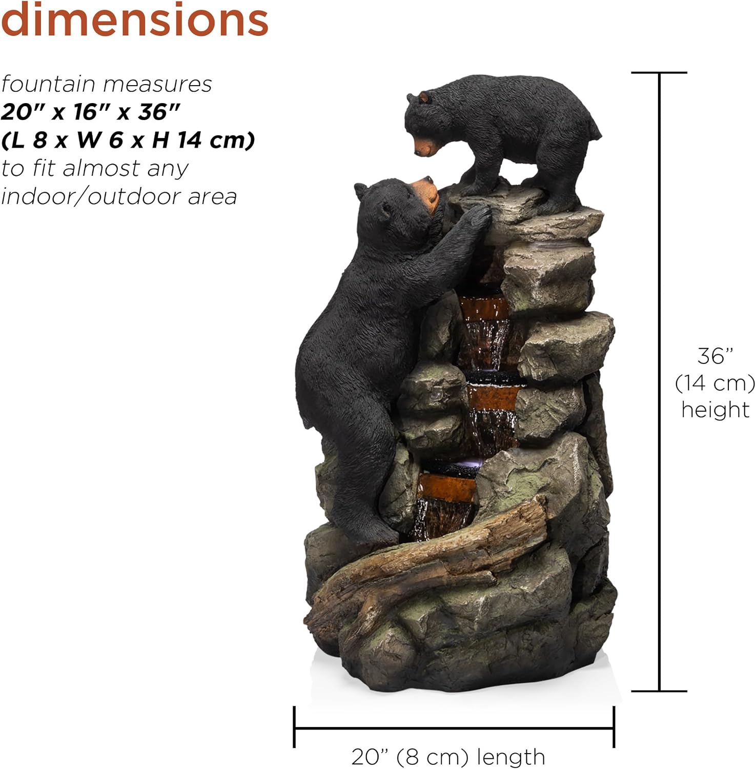 Alpine Corporation 36' Tall Indoor/Outdoor 2 Bears Climbing Rainforest Water Fountain with LED Lights, Cascading Wildlife Water Feature for Garden, Patio, and Home Decor, Brown