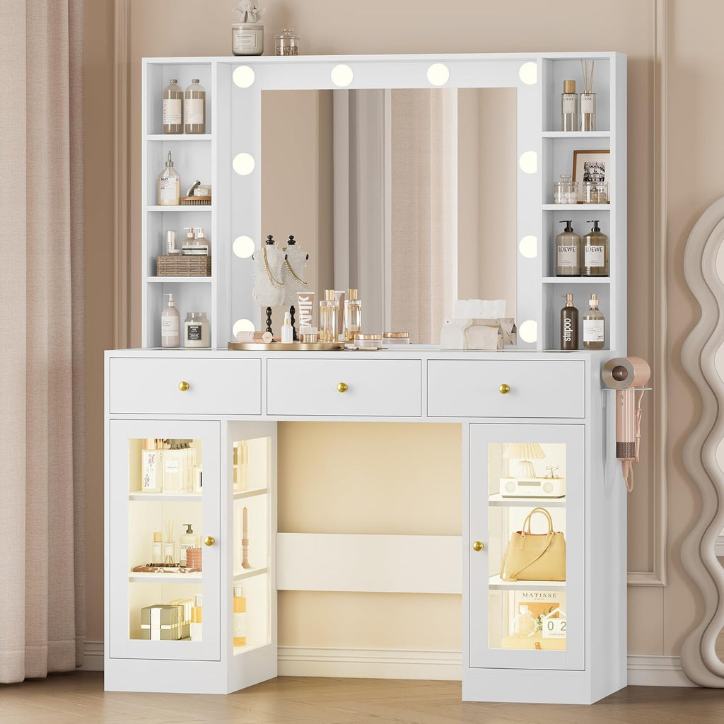 Wodeer Makeup Vanity Desk with Mirror and Lights, White Vanity with Glass Top, LED Lights & Power Outlet, 3 Drawers & 2 RGB Glass Cabinets, Adjustable Lighted Dressing Table for Women & Girls Bedroom