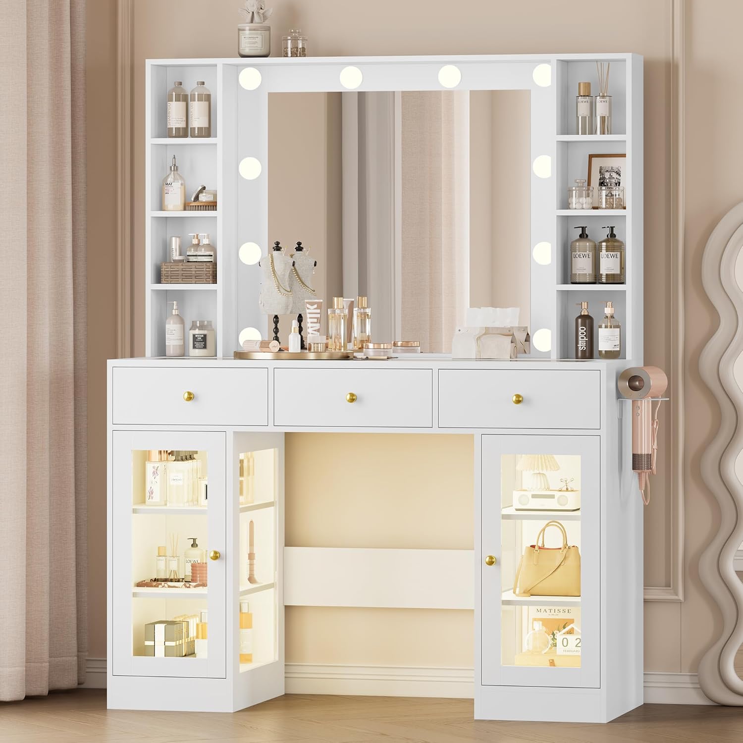 Wodeer Makeup Vanity Desk with Mirror and Lights, White Vanity with Glass Top, LED Lights & Power Outlet, 3 Drawers & 2 RGB Glass Cabinets, Adjustable Lighted Dressing Table for Women & Girls Bedroom