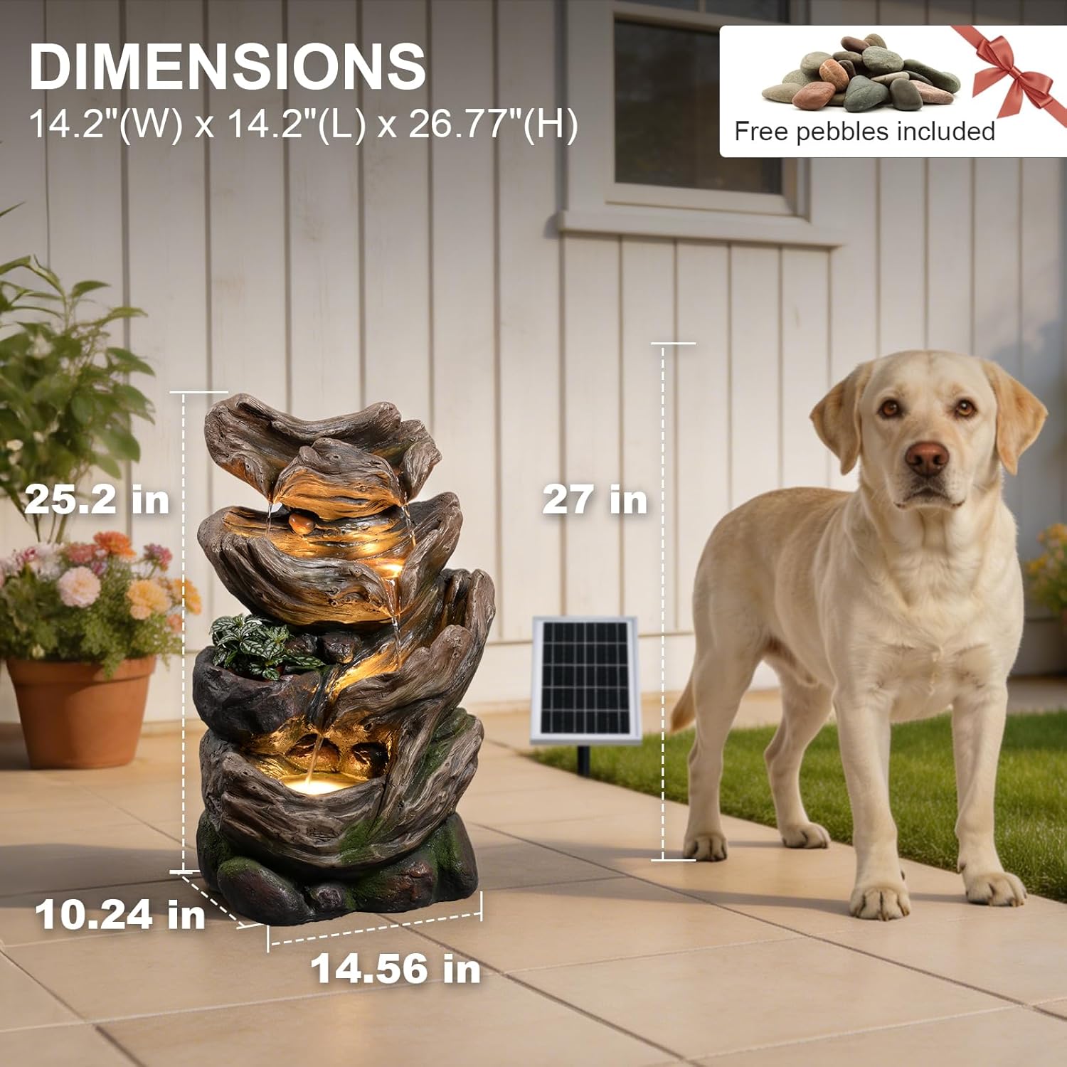 Solar Water Fountain Outdoor, 27' H 4-Tier Realistic Tree Trunk Cascading Waterfall with 4000mAh Battery Backup & 3000K LED Lights, IP64 Weatherproof Resin Fountain for Garden, Patio, Deck Decor