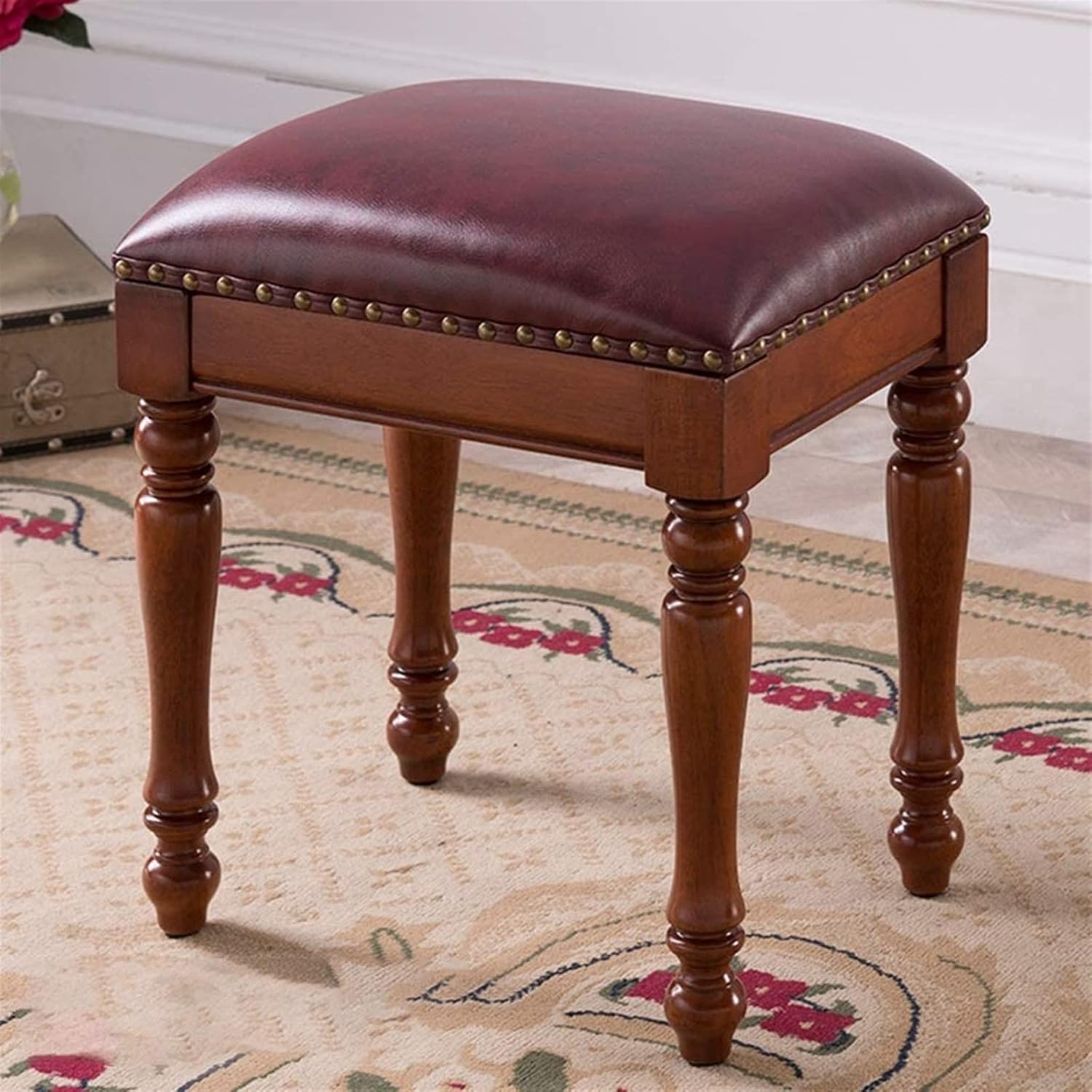 Vanity Bench with Padded Cushion, Vanity Chair Benches Vanity Bedroom Makeup Stool Solid Wood Dressing Bench Household Shoe Changing Stool Wooden Dining Stool Piano Bench(Red)