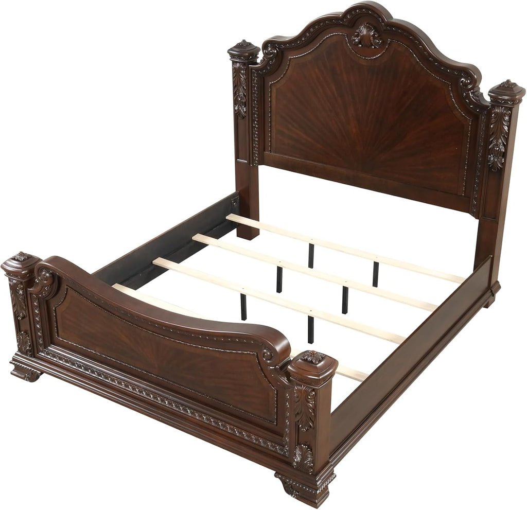 Traditional Style 5 Pc King Bedroom Set with Intricate Wood Carvings Made with Wood in Walnut