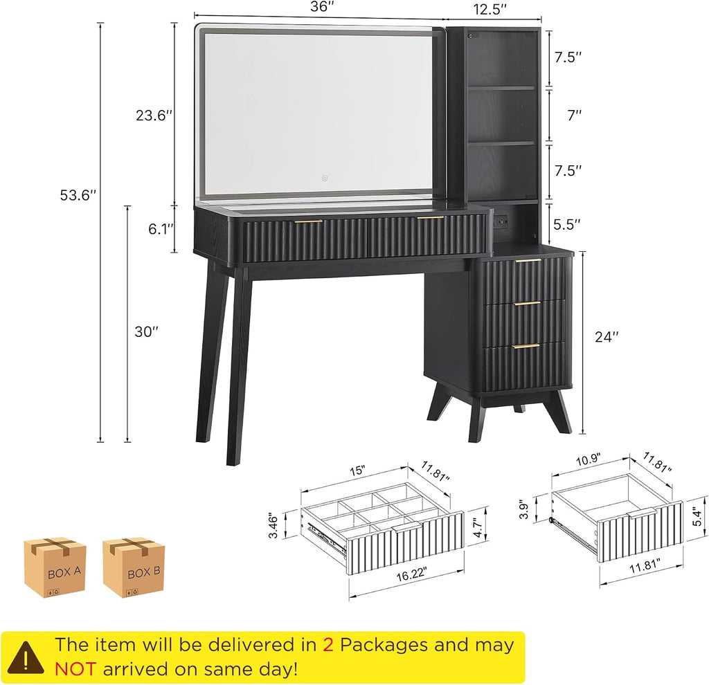 T4TREAM 48' Fluted Makeup Vanity Desk with Large 36' Mirror and Lights, Modern Glass Top Big Vanity Table w/5 Drawers & Adjustable Shelves, Dressing Table w/Charging Station for Bedroom, Black