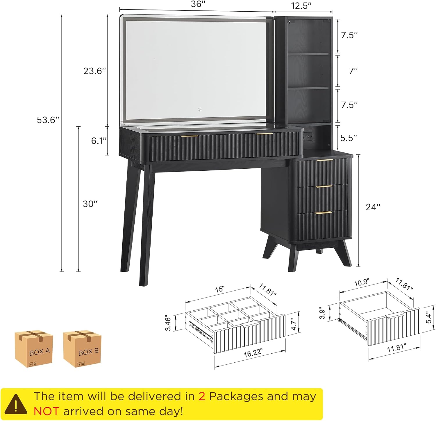 T4TREAM 48' Fluted Makeup Vanity Desk with Large 36' Mirror and Lights, Modern Glass Top Big Vanity Table w/5 Drawers & Adjustable Shelves, Dressing Table w/Charging Station for Bedroom, Black