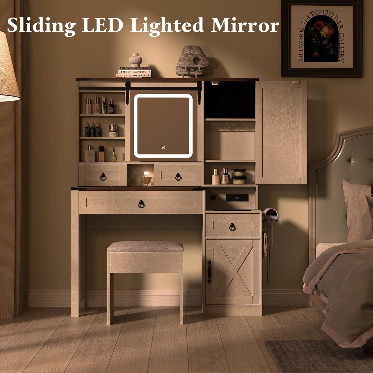 Farmhouse Makeup Vanity Desk with Sliding Mirror and Lights, 42' Glass Top White Vanity Set with Charging Station & 4 Drawers & 2 Cabinets, Dressing Table with Stool for Bedroom