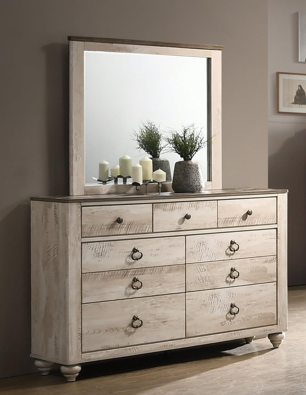 Contemporary White Wash Finish 4-Piece Bedroom Set-King Bed, Dresser, Mirror and Nightstand