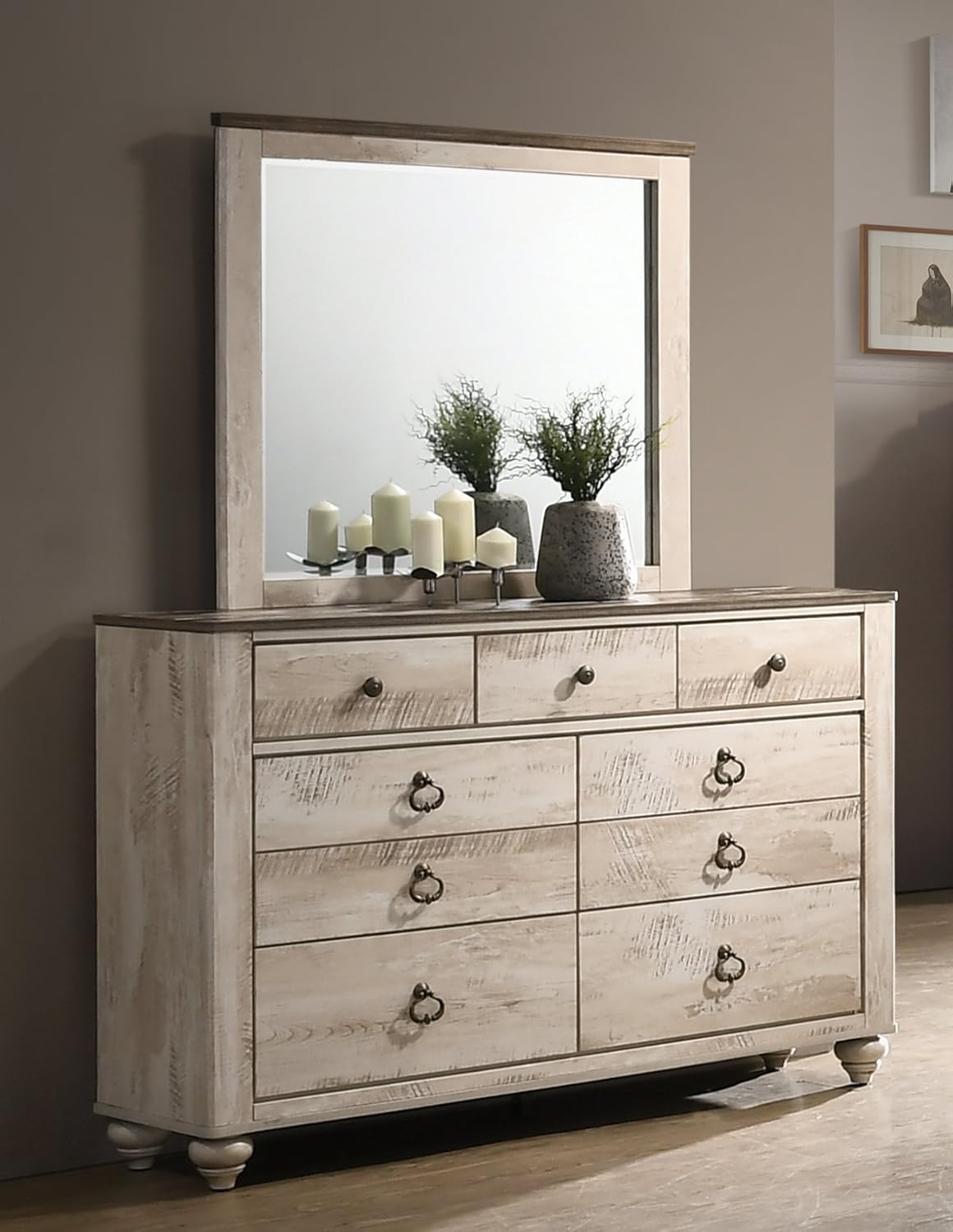 Contemporary White Wash Finish 4-Piece Bedroom Set-King Bed, Dresser, Mirror and Nightstand