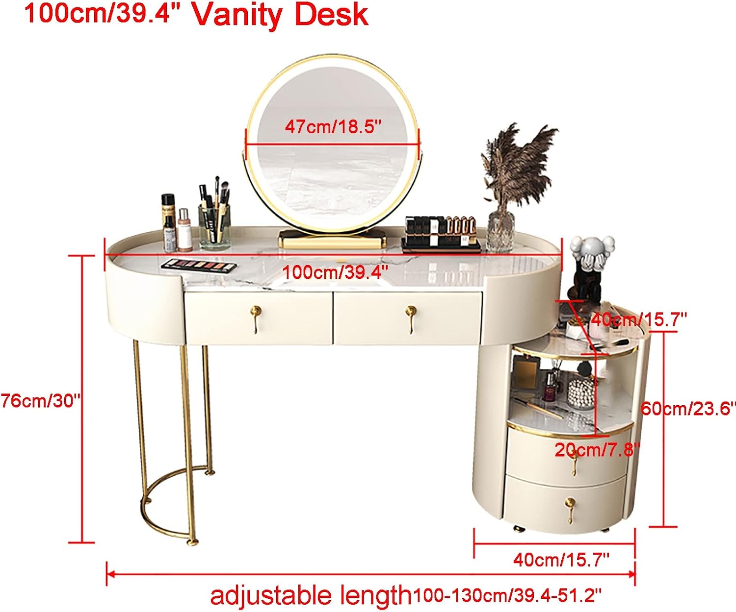 Dresser Table Women Vanity Makeup Table Set Makeup with 3 Drawers Dressing Table with Lighted Mirror and Chair Vanity Benches Desk for Her (Color : White, Size : L:100cm/39.4')