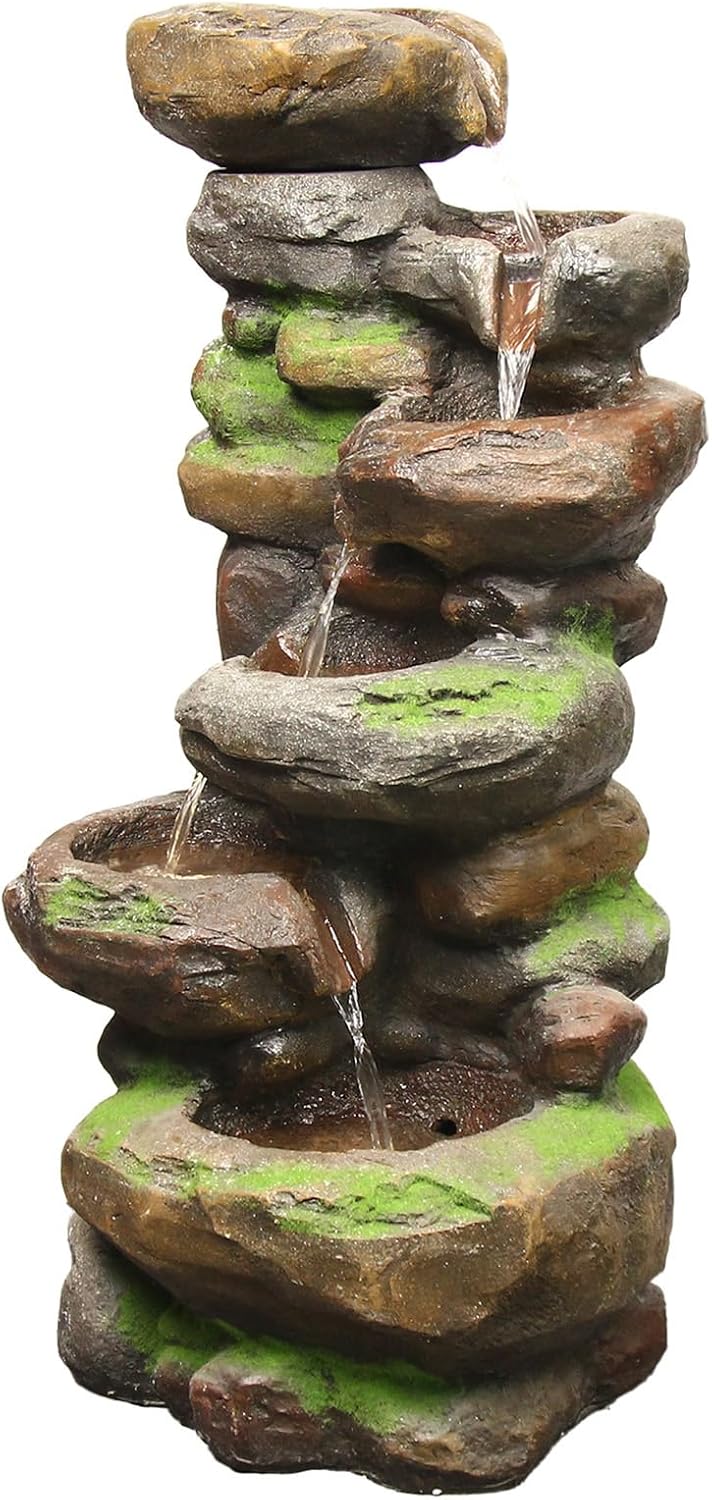 YZM 6-Tiered Outdoor Floor Rock Water Fountain Cascading Waterfall Fountains Indoor Led Lights for Home Garden Patio with Natural Stone Look 37.4' H
