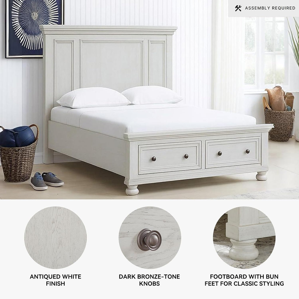 Signature Design by Ashley Robbinsdale Casual 2-Drawer Queen Platform Storage Bed, Foundation or Box Spring Not Needed, White