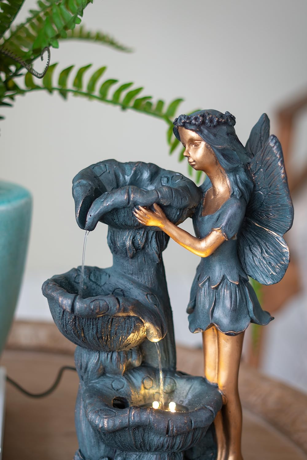Table Fountain, 14' Tall Rustic Fairy Water Fountain with Light for Patio Deck Pond Yard Home Decor