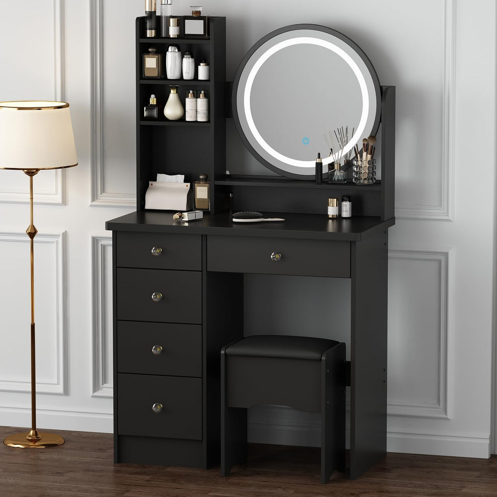 Vanity with Chair, Dressing Table with Lighted Round Mirror, 5 Drawers and Shelves, Makeup Vanity Set with Storage for Bedroom, Crystal Knobs, Black, 15.7' D x 31.5' W x 53.1' H