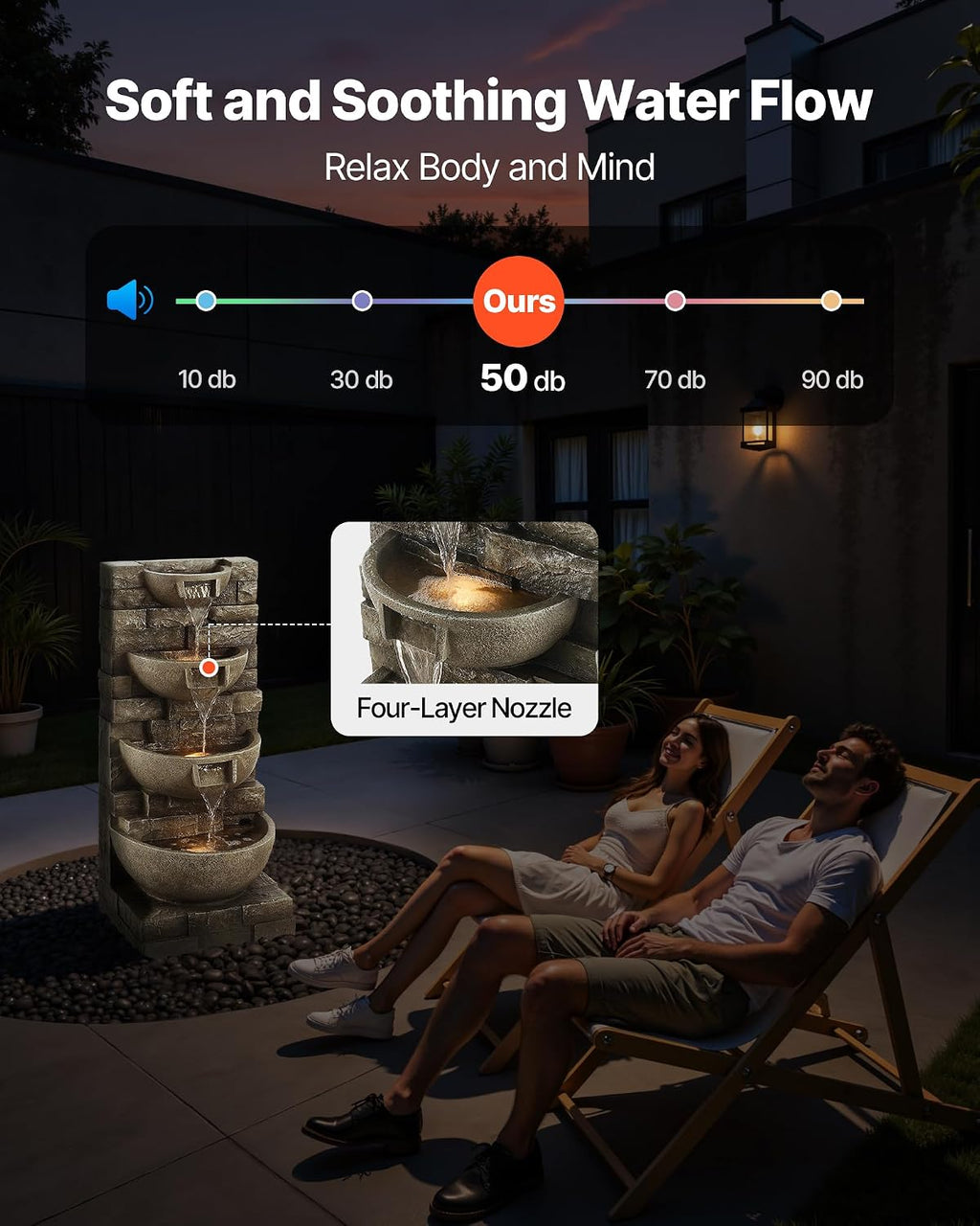 VEVOR Outdoor Water Fountain, 35.63 in Height Fountain and Waterfall, 4-Tier Floor Standing Cascading Fountains with LED Light and Pump, Block Stack Style, for Outdoor Indoor Garden, Patio & Backyard
