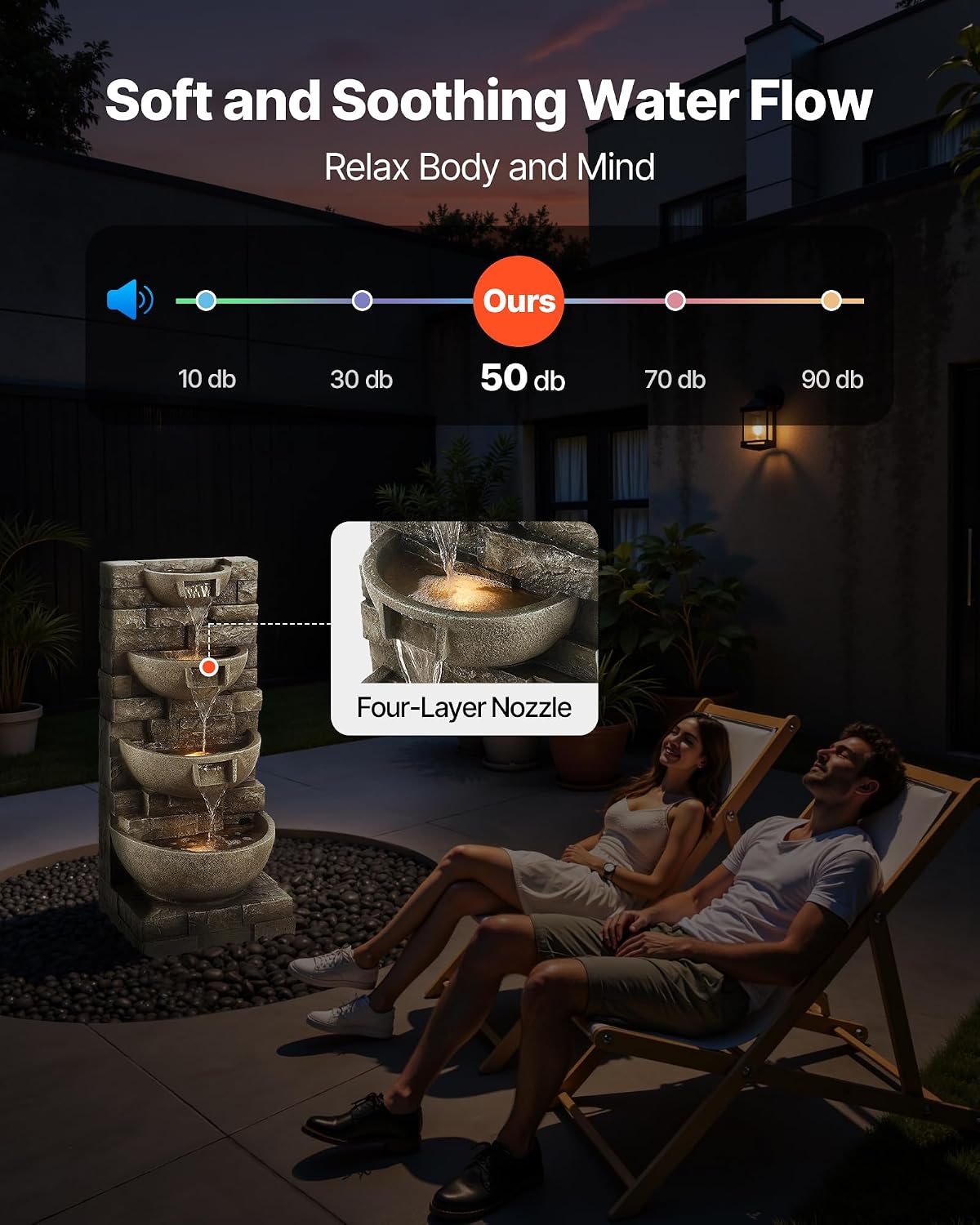 VEVOR Outdoor Water Fountain, 35.63 in Height Fountain and Waterfall, 4-Tier Floor Standing Cascading Fountains with LED Light and Pump, Block Stack Style, for Outdoor Indoor Garden, Patio & Backyard