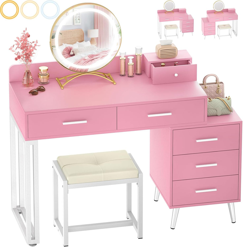 Armocity Pink Vanity Desk with Mirror and Lights, Modern Makeup Vanity Table Set with 6 Storage Drawers and Cushioned Stool for Bedroom, Dressing Table with Divided Organizers for Women Girls, Pink